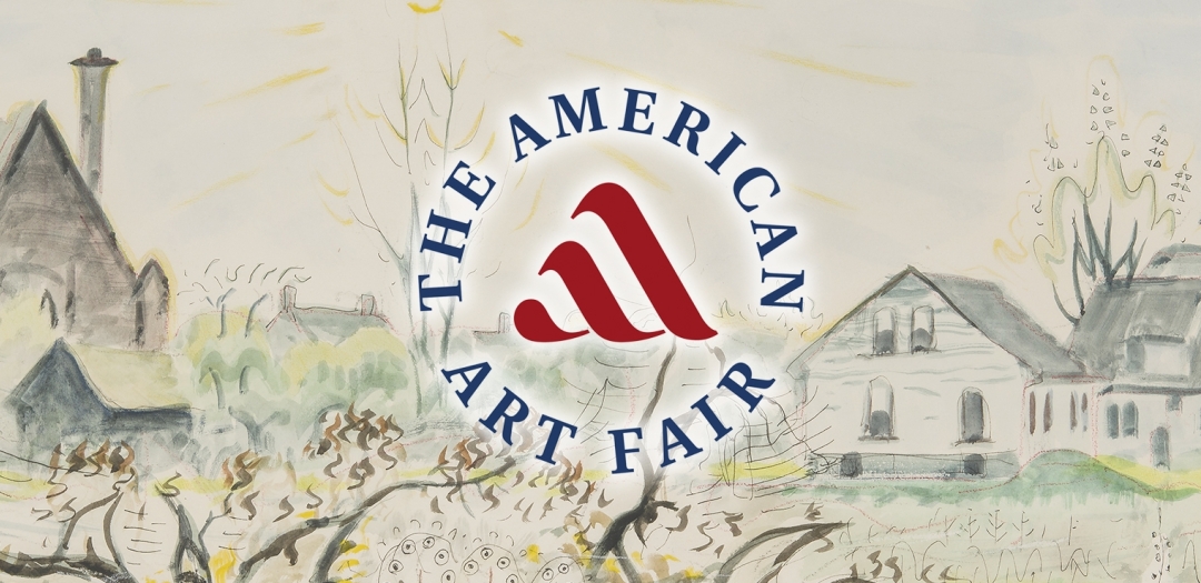 CHARLES EPHRAIM BURCHFIELD (1893–1967), "Cobwebs in Autumn," 1949. Watercolor on paper, 18 x 25 in. (detail); with circular logo of The American Art Fair overlaid on it.