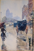 CHILDE HASSAM (1859–1935), "New York Street Scene (Rainy Day, New York)," 1892. Watercolor, gouache, and charcoal on paper, 15 x 10 1/4 in.