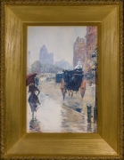 CHILDE HASSAM (1859–1935), "New York Street Scene (Rainy Day, New York)," 1892. Watercolor, gouache, and charcoal on paper, 15 x 10 1/4 in. Showing gilded oak Arts & Crafts style frame.
