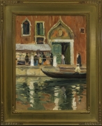 JANE PETERSON (1876–1965,) Open Air Market, Venice, about 1910–20. Oil on canvas, 24 x 18 in. Showing gilded American Impressionist-style frame.