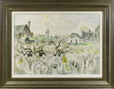 CHARLES EPHRAIM BURCHFIELD (1893–1967), "Cobwebs in Autumn," 1949. Watercolor on paper, 18 x 25 in. Showing gilded ogee combed frame.