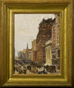 COLIN CAMPBELL COOPER (1856–1937)  "Waldorf Astoria, New York," about 1908.  Oil on board, 14 x 10 3/4 in. Showing gilded frame.