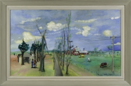 PHILIP EVERGOOD (1901–1973), "Fat of the Land," c. 1940–41. Oil on canvas, 28 x 46 in. Showing painted modernist frame.