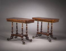 Pair Card Tables in the Neo-Classical Taste, about 1820. New York, possibly by Michael Allison. Mahogany and ebony, with brass line inlay, gilt-brass castors and hinges, and marbled paper 29 7/8 in. high, 35 7/8 in. wide, 18 in. deep