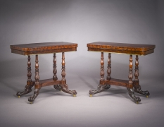 Pair Card Tables in the Neo-Classical Taste, about 1820. New York, possibly by Michael Allison. Mahogany and ebony, with brass line inlay, gilt-brass castors and hinges, and marbled paper 29 7/8 in. high, 35 7/8 in. wide, 18 in. deep