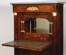 Secrétaire à Abattant, about 1820–25. Attributed to Thomas Emmons and George Archbald, Boston (active together 1814–25). Mahogany and bird’s eye maple, with ormolu mounts, die-rolled gilt-brass moldings filled with lead, marble, mirror plate, and leather, variously blind-stamped and gilded, 57 3/16 in. high, 37 1/4 in. wide, 19 3/4 in. deep. Detail of gallery with desktop opened.