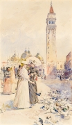 CHILDE HASSAM (1859–1935), Feeding the Pigeons in the Piazza, about 1890–91. Watercolor on paper, 20 7/8 x 12 in.