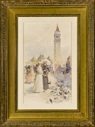 CHILDE HASSAM (1859–1935), Feeding the Pigeons in the Piazza, about 1890–91. Watercolor on paper, 20 7/8 x 12 in. Showing gilded frame.