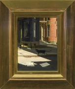 THOMAS FRANSIOLI (1906–1997) "King George Dies," 1959. Oil on canvas, 8 1/4 x 6 1/4 in. Showing gilded reverse-bevel frame.