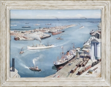 PAUL SAMPLE (1896–1974), San Pedro Harbor, 1937. Oil on canvas, 30 x 40 in. With original painted wood frame.