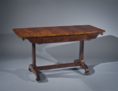Sofa Table, later 1830s. Attributed to D[uncan] Phyfe and Sons (active 1837–40), New York. Mahogany, with gilt brass castors, 29 7/8 in. high, 24 in. wide, 36 3/4 in. long; 56 1/8 in. long (with both leaves extended). Leaves extended.