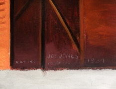 JOSEPH “JOE” JONES (1909–1963), "Demonstration," 1934. Oil on Masonite, 48 1/8 x 72 1/8 in. Detail of signature and inscription in the center right.