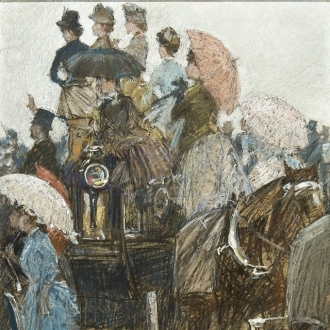 CHILDE HASSAM (1859–1935), Four-in-Hand at the Grand Prix, Paris, 1889. Pastel on paper, 14 x 10 in. (detail)