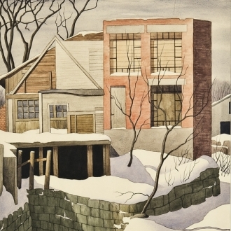 ZAMA VANESSA HELDER (1903–1968), "Winter in Vermont (Alterations)," c. 1948.  Watercolor on paper, 19 1/2 x 14 3/4 in.. (detail).