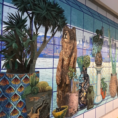 a detail shot of Robert Minervini's mosiac mural installed in the new terminal at SFO airport