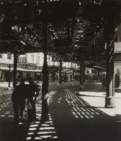 BERENICE ABBOTT (1898–1991), "El, Second and Third Avenue Lines, Bowery and Division Streets, Manhattan," 1936. Gelatin silver print, 9 1/2 x 7 5/8 in.