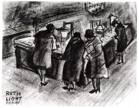 RUTH LIGHT BRAUN (1906–2003), "Bargain Counter, New York City," about 1928. Conté crayon on paper, 8 1/2 x 11 in.