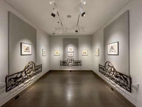 "Elegance of Outline: Silhouettes by Hunt Diederich (1884–1953," Gallery 2 wide-angle photo showing cutouts and window railings.