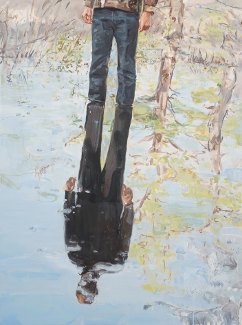 a painting by James Everett Stanley of a man's reflection as he stands in water