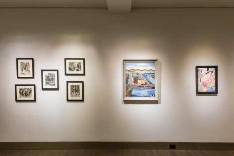 "The Madding Crowd" gallery installation, June 2021. Gallery 3, with works by (left to right) Ruth Light Braun, Hilaire Hiler, and Winold Reiss.