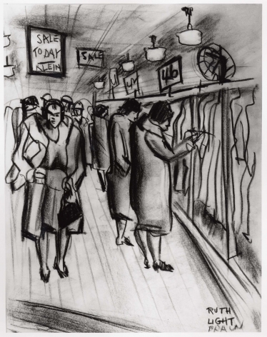 RUTH LIGHT BRAUN (1906–2003), "Klein’s Dress Shop, Union Square," about 1928–29. Conté crayon on paper, 11 x 8 1/2 in.