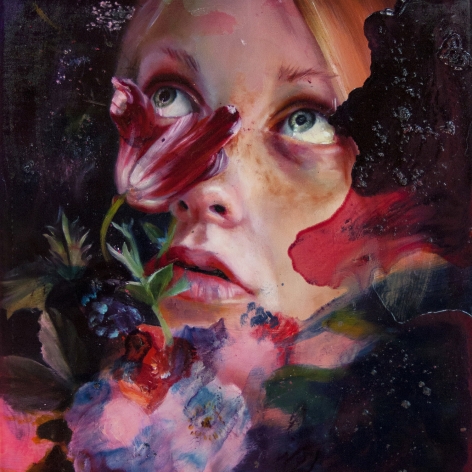 a painting by Angela Fraleigh of a close-crop view of a woman's face within a tangle of abstract colors and flowers