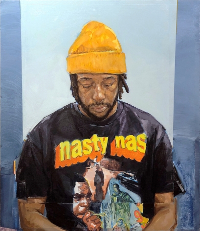 a portrait by James Everett Stanley of a dark-skinned man wearing a "Nasty Nas" t-shirt