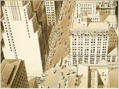 LAWRENCE EDWIN BLAZEY (1902–1999), "Euclid Avenue, Cleveland," about 1930. Ink, pencil, wash on paper, 12 1/4 x 16 7/8 in.