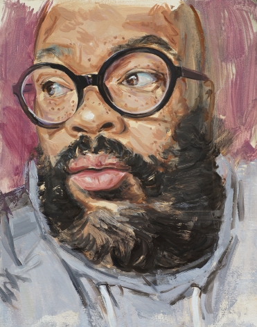 a portrait by James Everett Stanley of a dark-skinned man turning his head with round-rimmed glasses and a thick beard