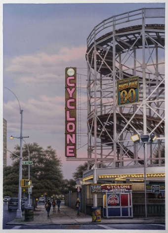FREDERICK BROSEN (b. 1954), "West 10th Street, Coney Island," 2018. Watercolor over graphite on paper, 34 3/4 x 25 in.