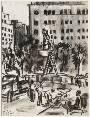 RUTH LIGHT BRAUN (1906–2003), "Fifty-Ninth Street, Plaza Fountain," about 1929–29. Conté crayon on paper, 11 x 8 1/2 in.