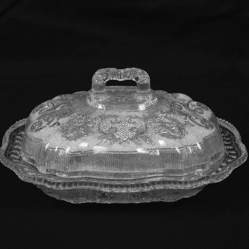 Clear “Lacy” “Princess Feather” Covered Vegetable Dish with Grape Border