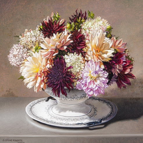 a realist painting of dahlias and hydrangeas in a white porcelain terrine by Stone Roberts