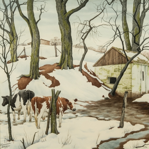 Z. VANESSA HELDER (1903–1968), Red Earth and Spotted Cows, about 1942. Watercolor on paper, 17 3/4 x 21 1/2 in. (detail).
