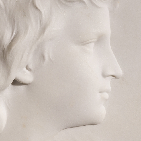 ERASTUS DOW PALMER (1817–1904), "Portrait of Walter Launt Palmer (at Age Seventeen)," 1871. Marble relief, arched top, 19 x 13 1/2 in. Detail.