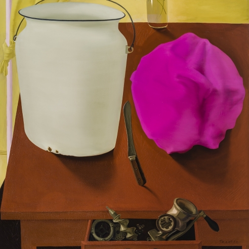 a surrealist still life painting by Honore Sharrer of a white pail and kitchen implements