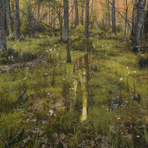 an egg tempera painting by Colin Hunt of a silhouette's void in a landscape