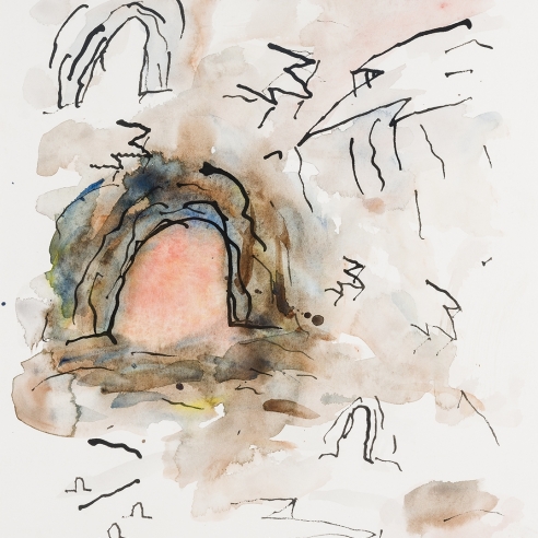 a watercolor and ink drawing of a pink cavern by Louisa Chase