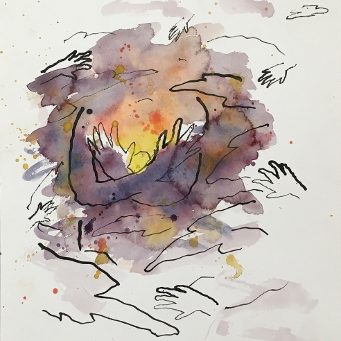 a watercolor and ink drawing of a sunset and hands by Louisa Chase