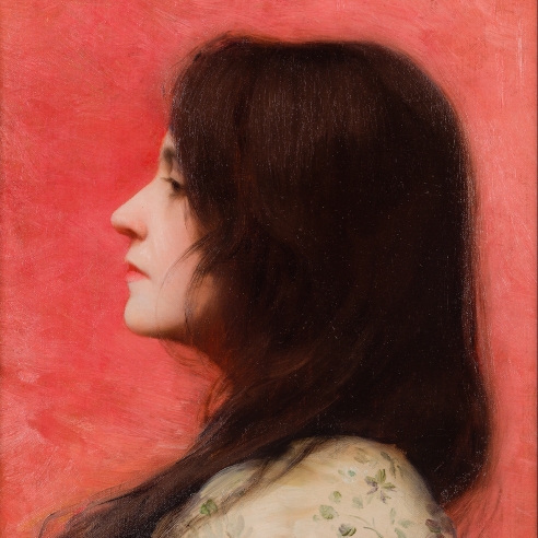 CHARLES SPRAGUE PEARCE (1851–1914), "Woman in Profile with Black Hair (The Artist’s Wife)," 1880s.  Oil on canvas, 13 7/8 x 10 3/4 in. (detail).