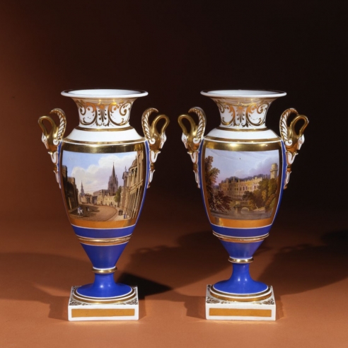 Pair Blue-Ground Vases with Swan Handles with Views of High Street, Oxford, and Warwick Castle, Warwickshire