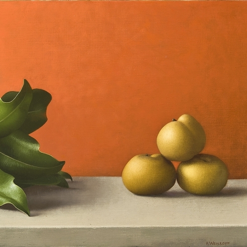 Image of Amy Weiskopf's Magnolia Branch and Asian Pears, oil on linen, 11 3/4 by 19 3/4 inches, painted in 1993. 