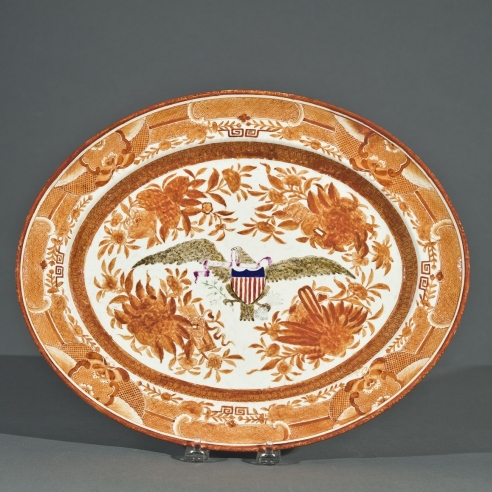 Chinese Export Porcelain Oval Platter in Orange Fitzhugh with Striped Shield and Sepia Eagle