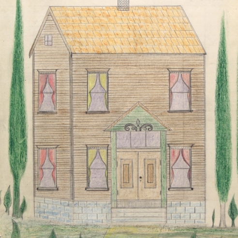 a double-sided drawing by Self-taught artist Edward Deeds of a house
