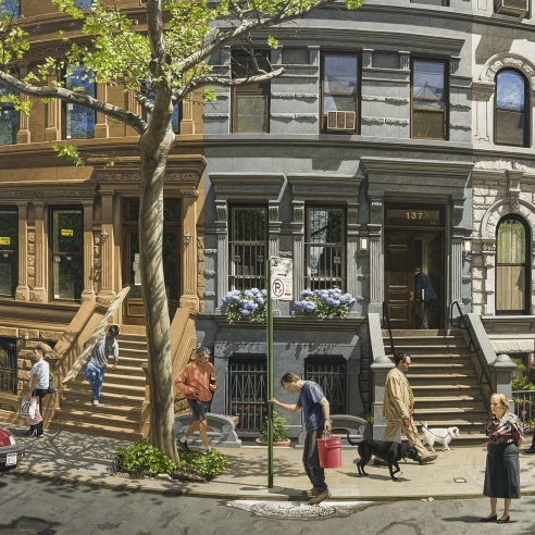 a realist painting by Stone Roberts showing a busy block in New York City with pedestrians, construction workers, joggers, and a dog-walker all on the same sidewalk