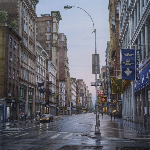 watercolor painting of Grand Street and Broadway intersection in New York City on a rainy day
