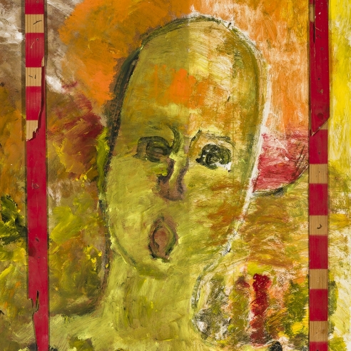 a paint and wood assemblage of an angel with an open-mouth by Self-taught artist Purvis Young