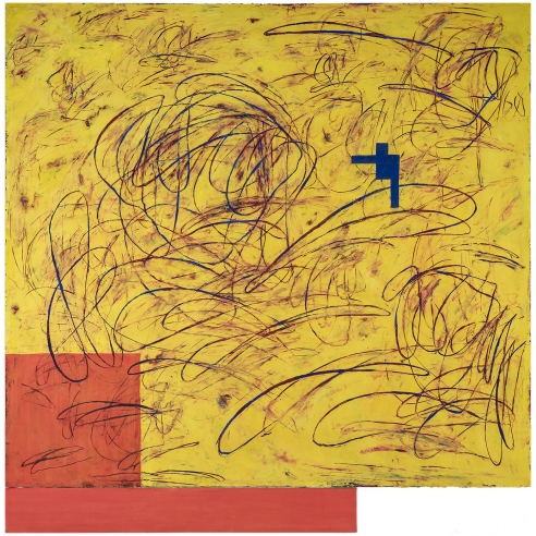 A multi-panel abstract painting by Louisa Chase (1951-2016) featuring incised gestural marks on a field of yellow. 