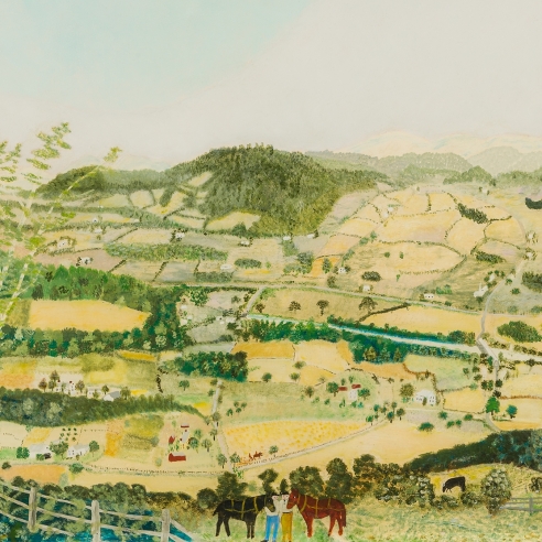 ANNA MARY ROBERTSON “GRANDMA” MOSES (1860–1961), "Lower Cambridge Valley," 1942. Oil on panel, 22 x 26 in. (detail).