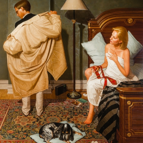 a painting by Stone Roberts of a couple in their bedroom wherein he is putting on his coat appearing to leave and she, still in bed, waits to hand him his tie